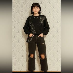 Eddie Dassin| VTG Abstract Black Sweater with cowhide leather.